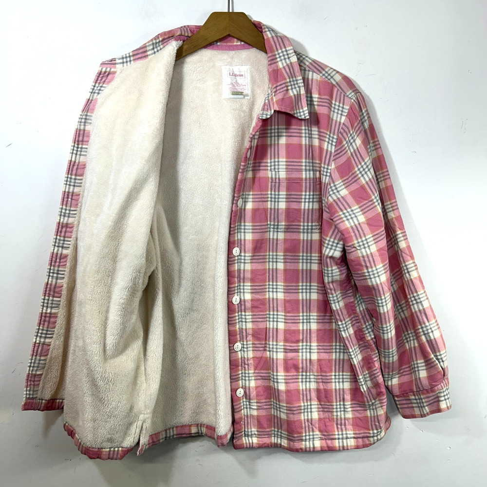 L.L. Bean Fleece Lined Flannel Shirt Jacket Pink Plaid Shacket Size L